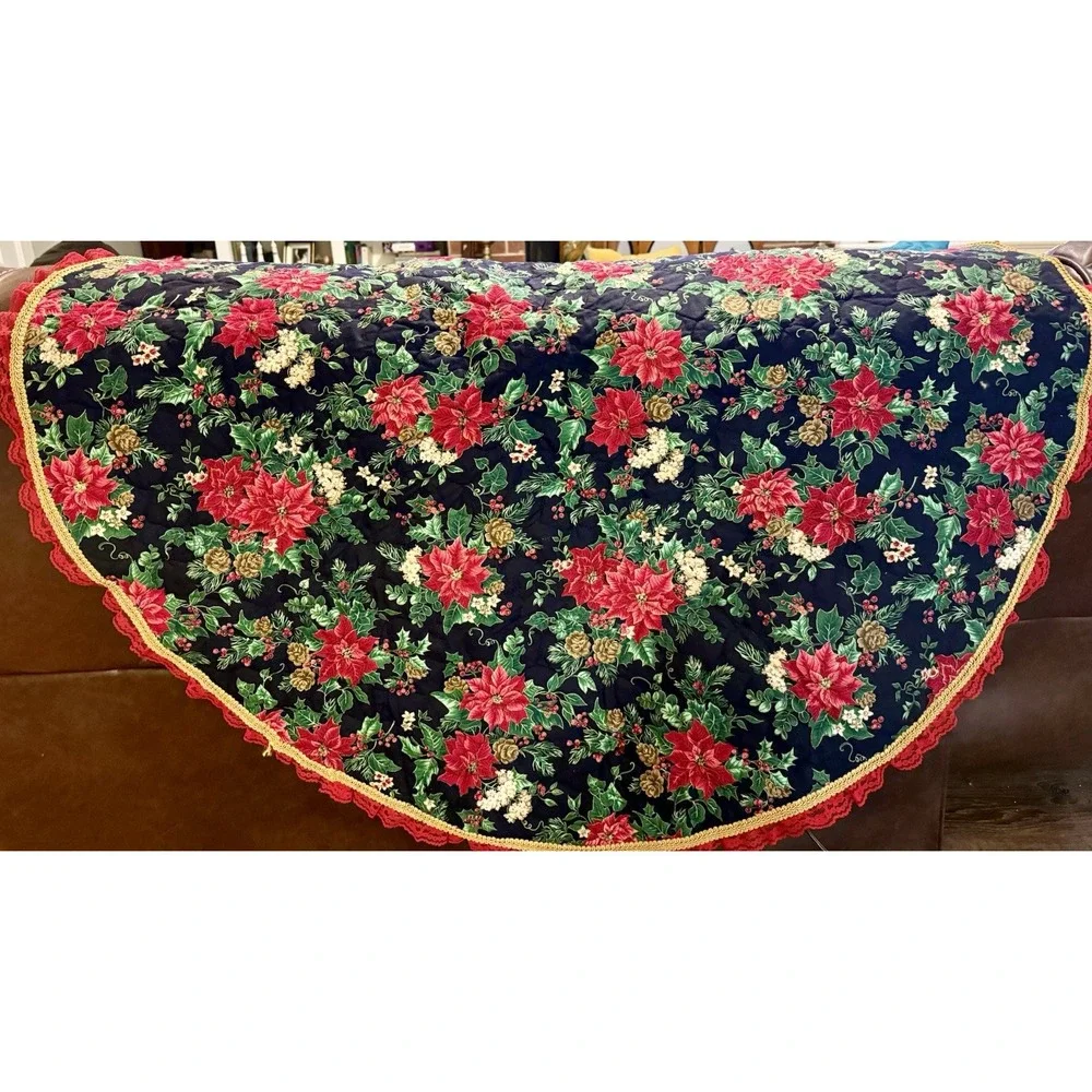 Vintage Reversible Quilted Christmas Table Topper Poinsettia Lace 45